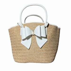 Like Dreams Veronica Polka Straw Tote Faux Leather Bow Picnic Basket Style NEW